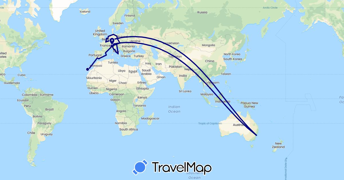 TravelMap itinerary: driving, plane in Austria, Australia, Belgium, Switzerland, Germany, Spain, France, Italy, Netherlands (Europe, Oceania)