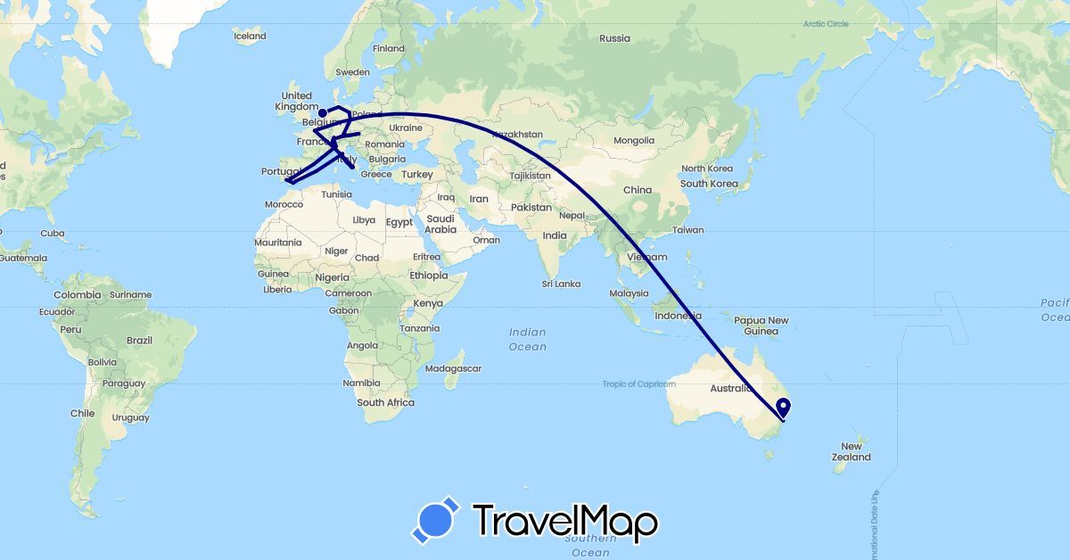 TravelMap itinerary: driving in Austria, Australia, Switzerland, Germany, Spain, France, Italy, Netherlands (Europe, Oceania)